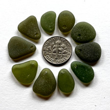 Surf Tumbled Sea Glass  Jewelry Quality  10 DRILLED Olive Green Small Scale