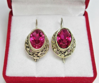 Vintage Soviet Silver 875 Gilt Ruby Earrings Oval Red Stone USSR Jewelry 5.20g