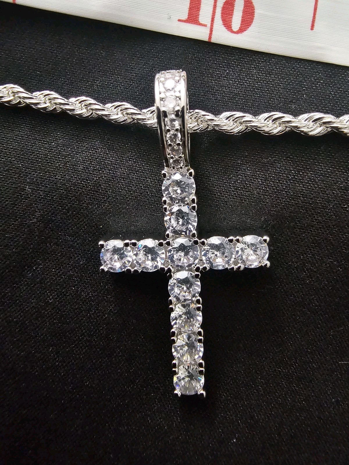 Silver Plated Rope Chain Necklace 18in Cross Pendant Charm with 11 Crystals image 3