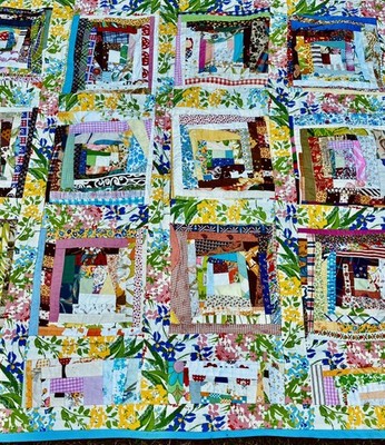 Vintage Patchwork Quilt Scrappy Handmade Multi Color Fabric 75 x 66  Light Blue 