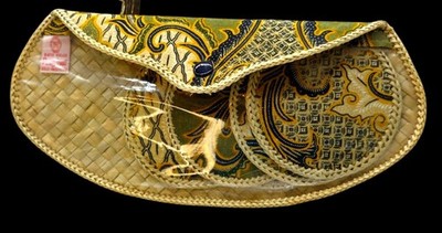 Handwoven Bamboo Coaster Set Batik Patterned Pouch 5 Piece Made In Indonesia