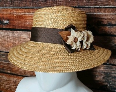 Boater Style Straw Sun Hat One Size Flower Accents Ribbon  display picture 3