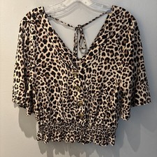 Women's Short Sleeve Brown  Black Cheetah Print V-Neck Blouse Size M Boho