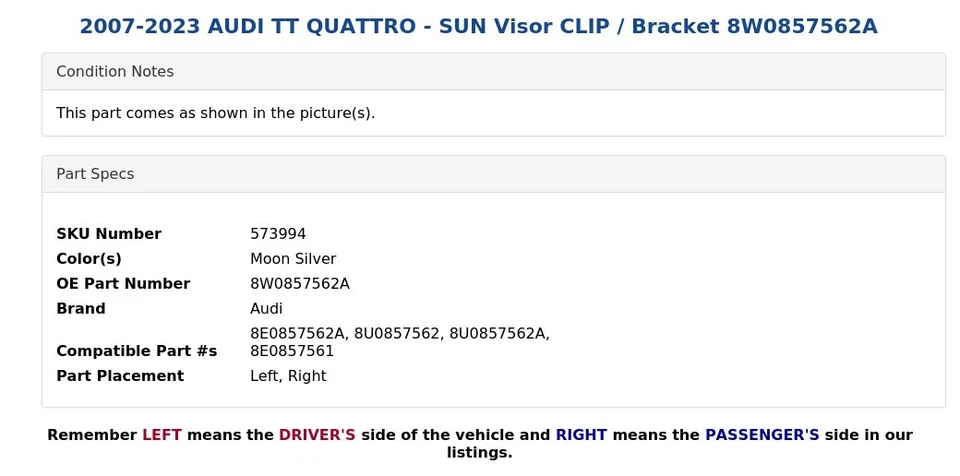 2007-2023 AUDI TT QUATTRO - SUN Visor CLIP / Bracket 8W0857562A - Image 4 of 4