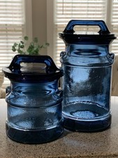 Vintage L.E. Smith Cobalt Blue Glass Canister Milk Jug 10.5” & 7.5” Set of 2