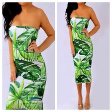 GLOWUP COUTURE Green Blue Black Tropical Leaves Tube Bodycon Midi Dress S NEW