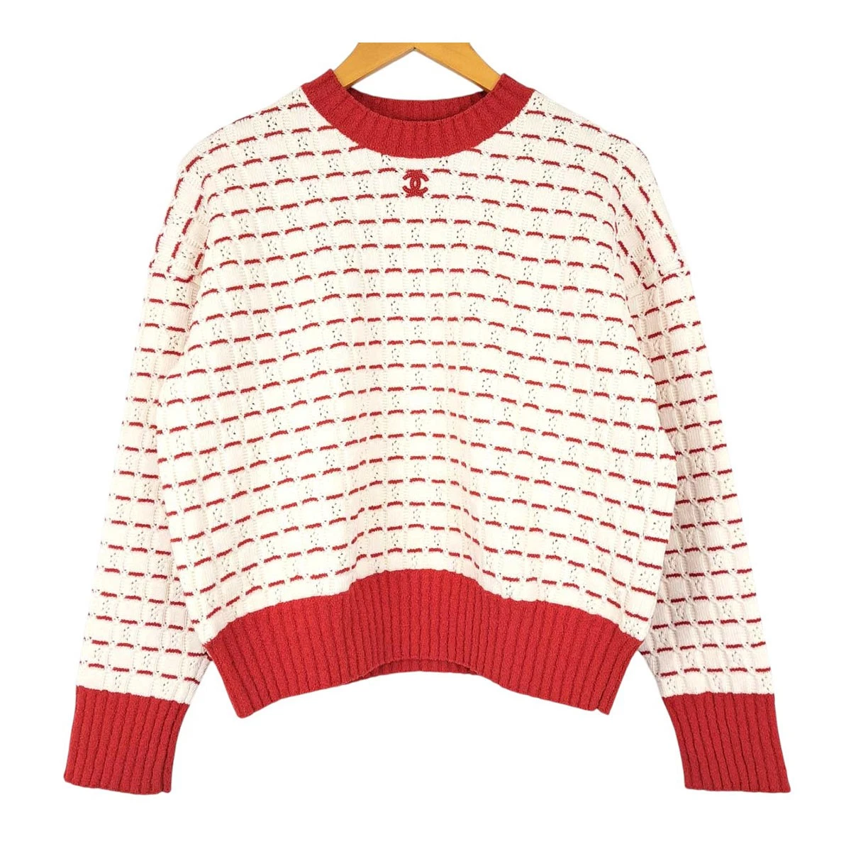 Chanel — CHANEL COCO Mark Border Knit Women White red 【A】