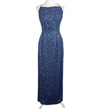 Scala Beaded Sequin Silk Gown Indigo Blue Fairy Y2K Open Back Formal Dress Event