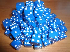 Lot of 50 Blue Dice 16mm 16 mm D6 White Pips Gaming Casino *Fast Ship* D 6