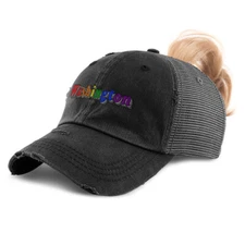 Womens Ponytail Cap Washington Style B Rainbow Gay Pride Distressed Trucker Hats