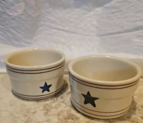  Hartstone Pottery USA Handpainted Stars Stripes Blue White Ramekin Signed