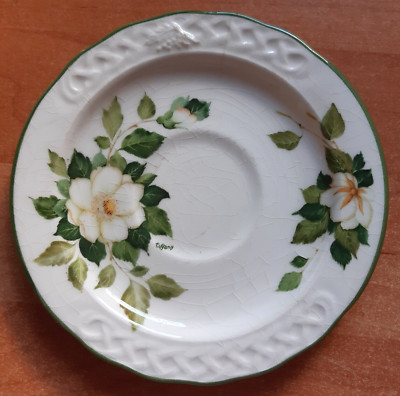 Keramikteller 17,5 cm Tiffany Boutique Italy weiße Blume mit grünem Rand