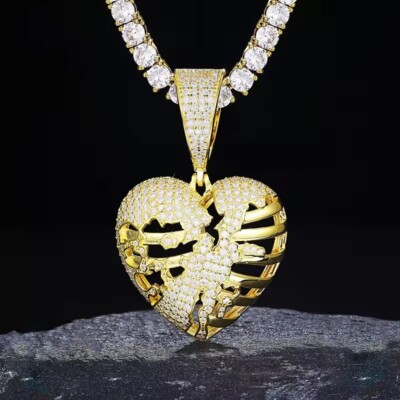 D/FL Round Cut Brilliant Moissanite 14K Yellow Gold Over Broken Heart Pendant 2''