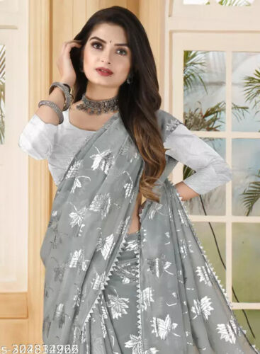 Women's Traditional Silver Embellished Foil Printed Patti Design Chiffon Saree. - Picture 1 of 2