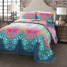Boho Chic Reversible 3 Piece Quilt Bedding Set Full/Queen Turquoise/Navy