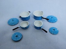 Vintage 8 pc. Dollhouse Miniature Blue Enamelware Cookware/Pots  Pans