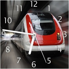 Wallario Wanduhr aus Glas Fahrender Zug vorn rot- Perspektive vorn RABDe 500 SBB