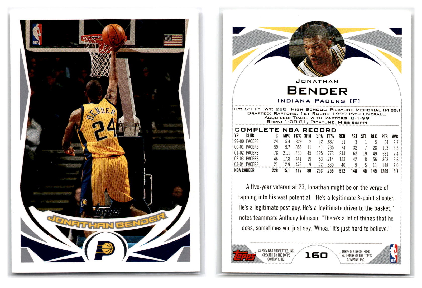 2004-05 Topps #160 Jonathan Bender - Indiana Pacers