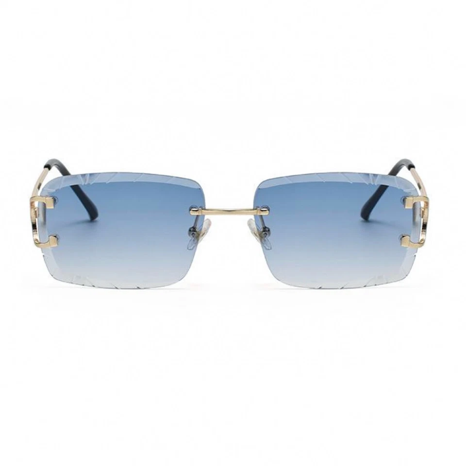Gafas de sol rectangulares de lujo sin montura de hip hop corte gema tinte azul marco dorado para hombre Foto 2 de 4