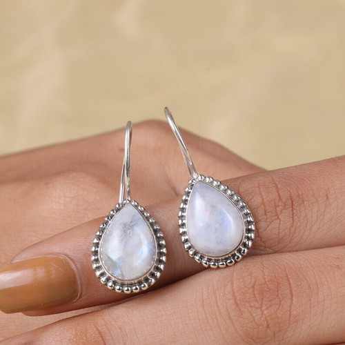 Amazing Rainbow Moonstone Gemstone 925 Sterling Silver Handmade Earring Ag-118 - Picture 3 of 5