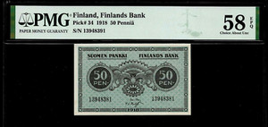 Finland 50 Pennia 1918 PMG 58 EPQ P#34 PMG Population 1/1 Finlands Bank
