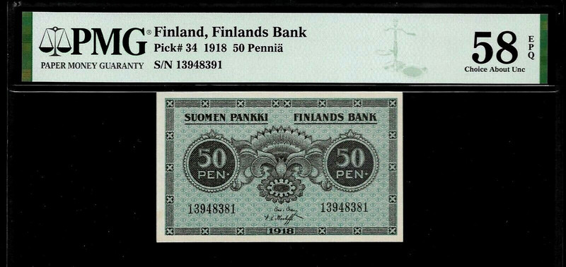 Finland 50 Pennia 1918 PMG 58 EPQ P#34 PMG Population 1/1 Finlands Bank