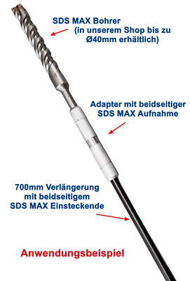 SDS MAX (Ø 18mm) Bohrer Meißel Verlängerung 700mm; Zwischenstück Verbinder Ø30mm