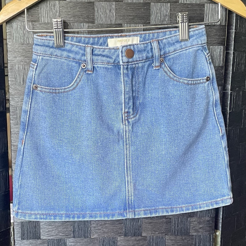 FOREVER 21 Girls Blue Solid Denim Mini Skirt Short 9/10 Button Belt Loops