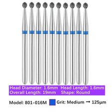 10/pk Vakker Dental Round FG Diamond Burs 801-016M Medium Grit