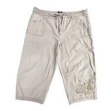 Faded Glory Tan Capri Cropped Pants Sz 16 Embroidered Breathable Cotton Stretch