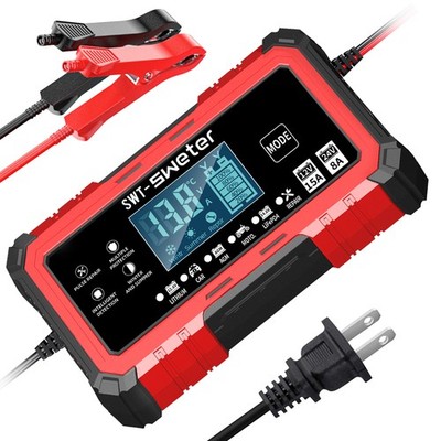 12V/24V Smart Battery Charger 15A/8A with Pulse Repair & LCD Display for Car RV