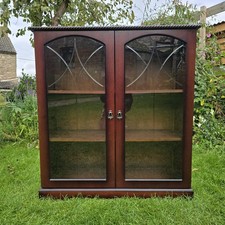 Antique Reproduction Mahogany Bookcase Glass Doors Display Cabinet