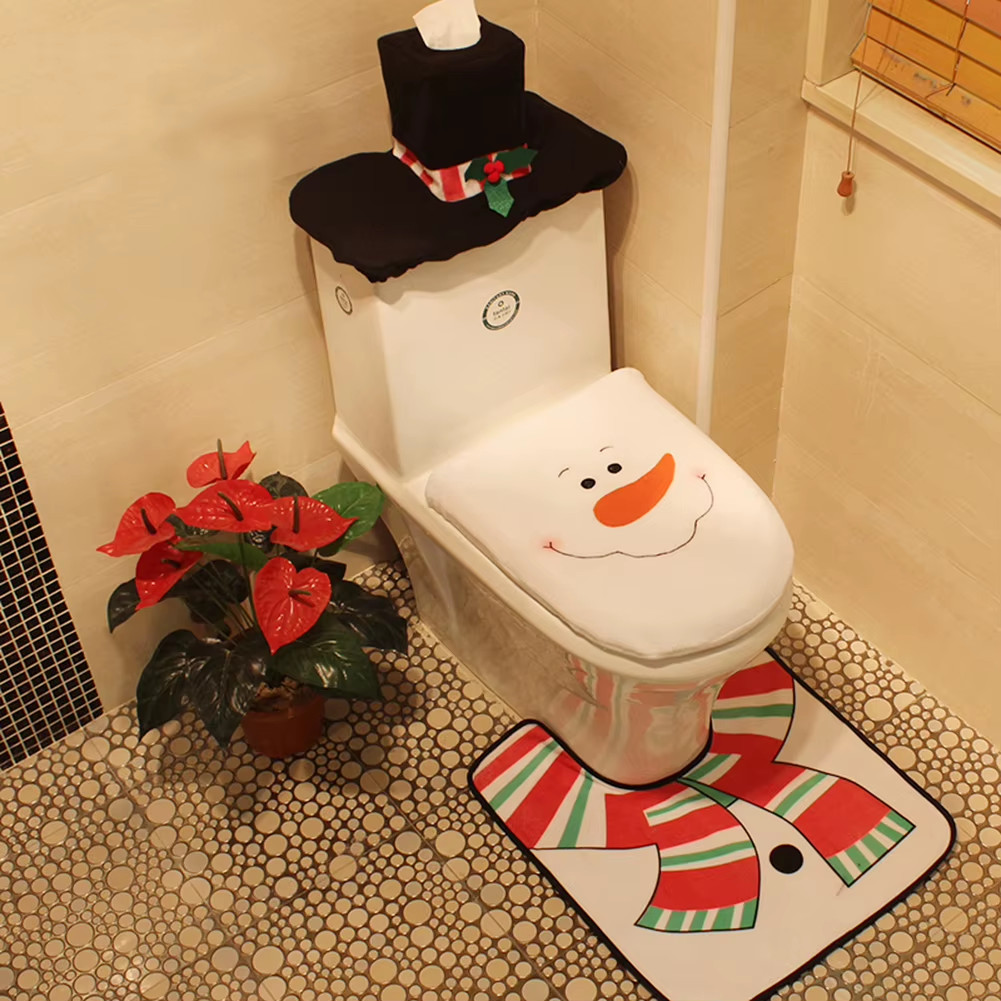 Abattant WC de Noël et tapis assorti pour décorer la salle de bain festive en famille