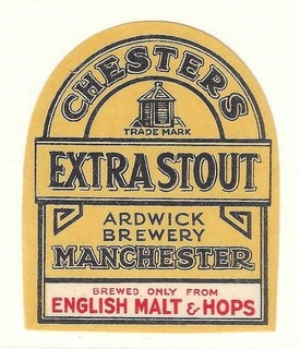 VINTAGE CHESTERS EXTRA STOUT BEER BOTTLE LABEL ARDWICK BREWERY MANCHESTER.