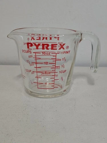 Vintage Pyrex #516 Glass Measuring Cup J Handle 2 Cup w/ Metric Corning NY USA