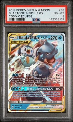 2019 POKEMON SUN & MOON COSMIC ECLIPSE #38 BLASTOISE & PIPLUP GX PSA 8