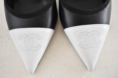 Chanel 26P Black White CC Logo Cap Pointed Toe Slingback Mule Heel