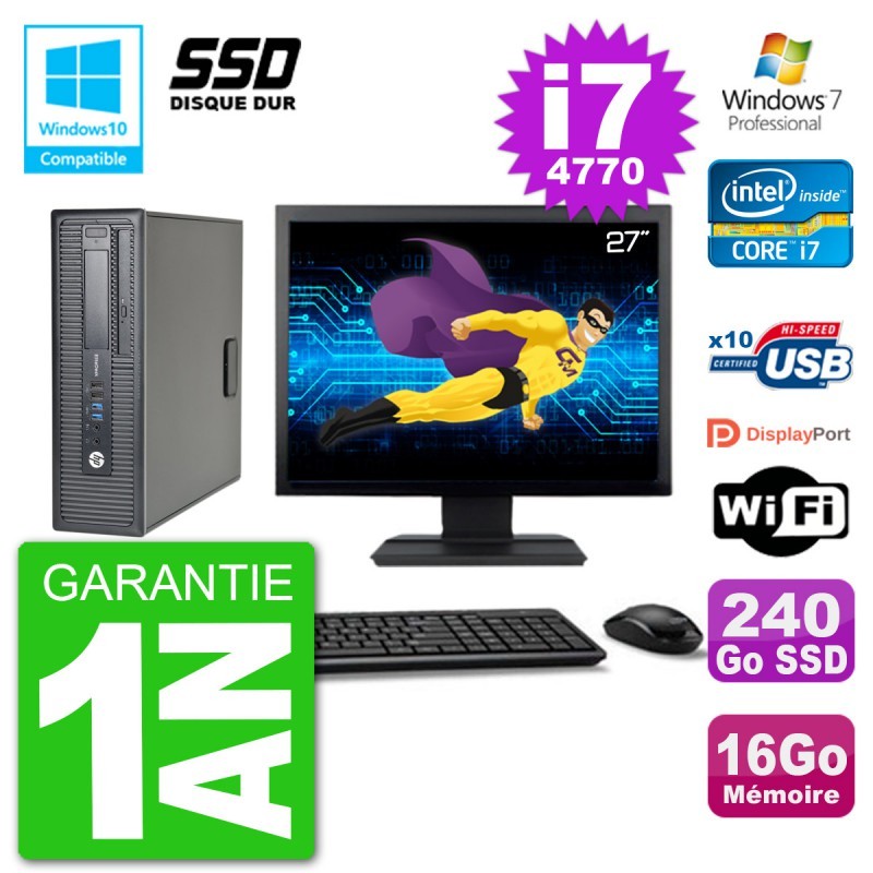 PC HP EliteDesk 800 G1 SFF Ecran 27" i7-4770 16Go SSD 240Go Graveur DVD Wifi W7