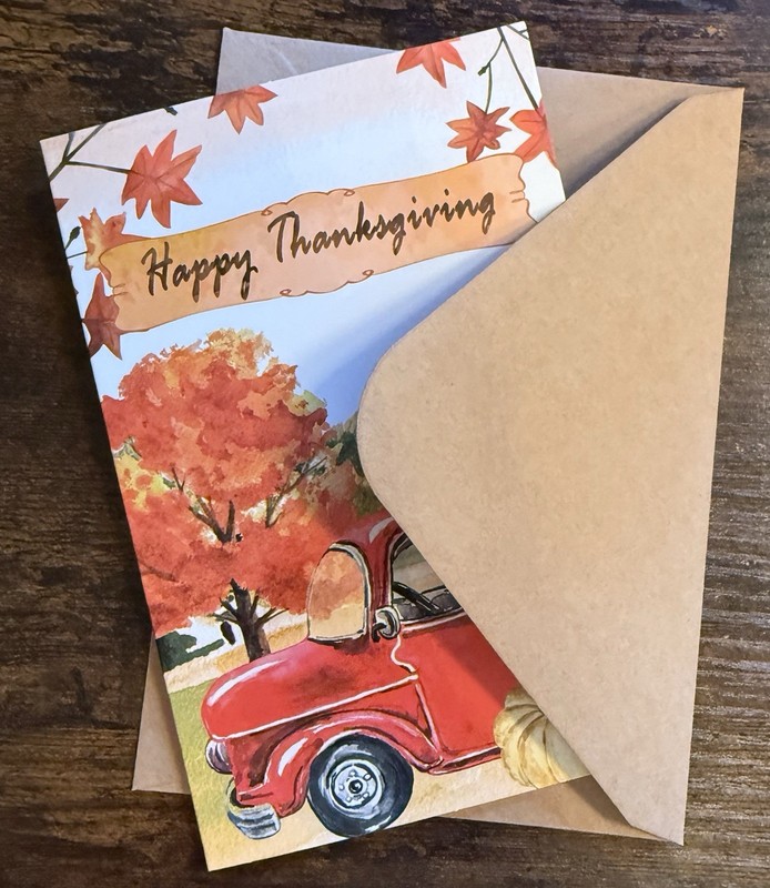 Happy Thanksgiving Greeting Card Envelope #GC17 Red Truck Pumpkin Tree Leaves