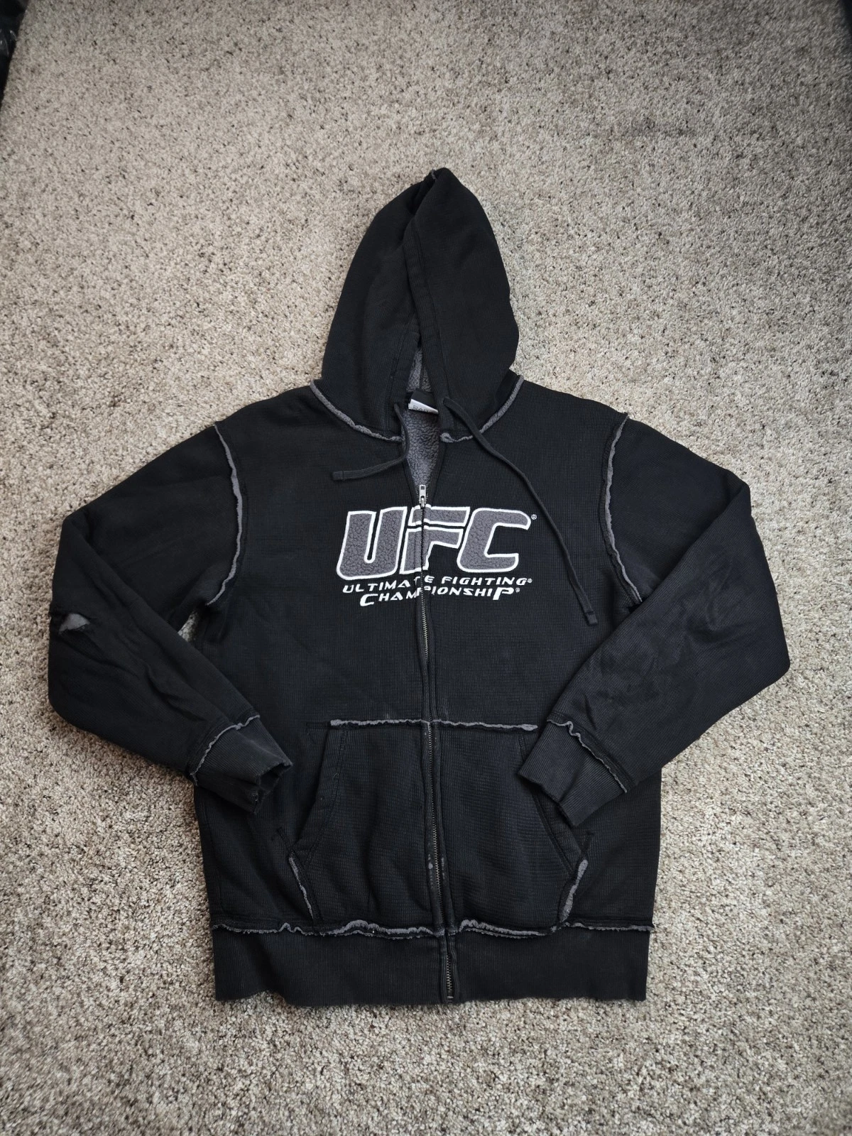 VIntage UFC Hoodie Medium Mens Black Full Zip Logo Thermal Distressed Y2K
