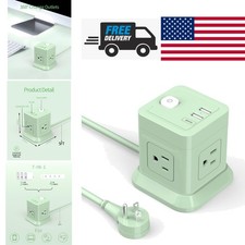 Cube Power Strip 5ft Green Flat Plug with 4 Outlets and 3 USB Ports for Travel