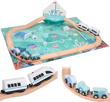 Wooden Train Set, 3 in1 Sea Electric Train Sets with Wooden Train Track, Magnet