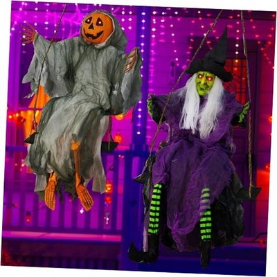 Hourleey 2 Pack Halloween Decorations Outdoor, Swinging Witch and Pumpkin Ghost