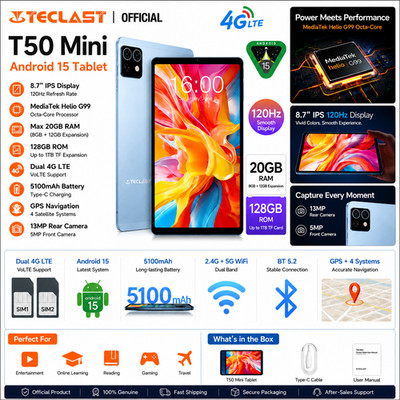 Teclast T50 Mini 8.7'' Android 15 Tablet 20GB RAM 128GB 4G LTE GPS 120Hz IPS G99