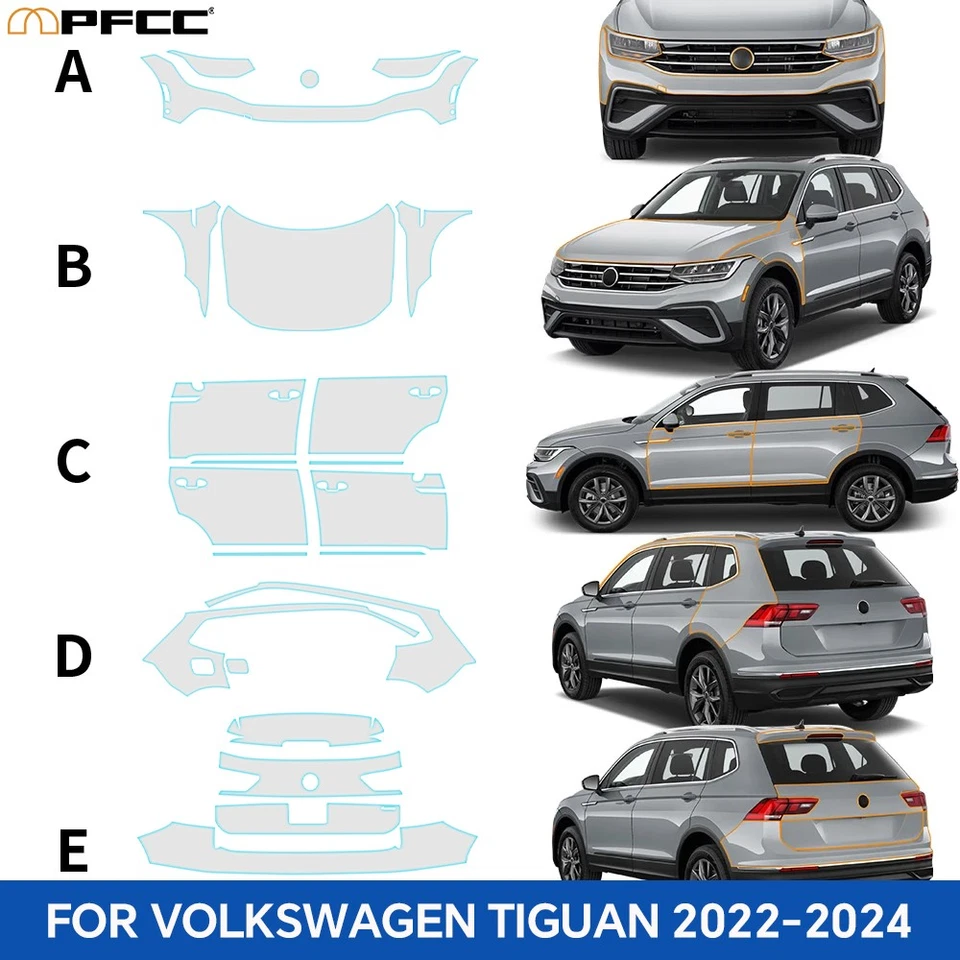For Volkswagen Tiguan 2022-2024 Full Car PreCut Paint Protection Gloss PPF TPU - Image 2 of 4
