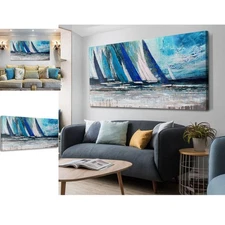 Blue Abstract Wall Art Canvas Teal Ocean Sailboat Picture Modern Turquoise Co...