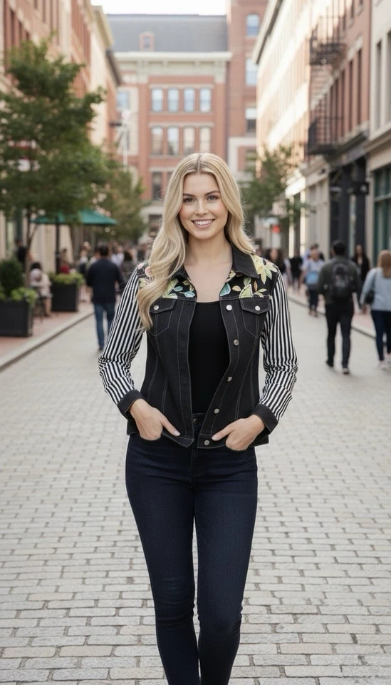 Koos Of course Women’s Black Silk Jacket Top Size M Floral Striped Casual Travel - Image 3 of 4