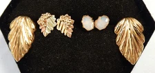 3 Pairs of 14K & 10K Yellow Gold Post Earrings Opal Leaf Tri Color Grape Bunch