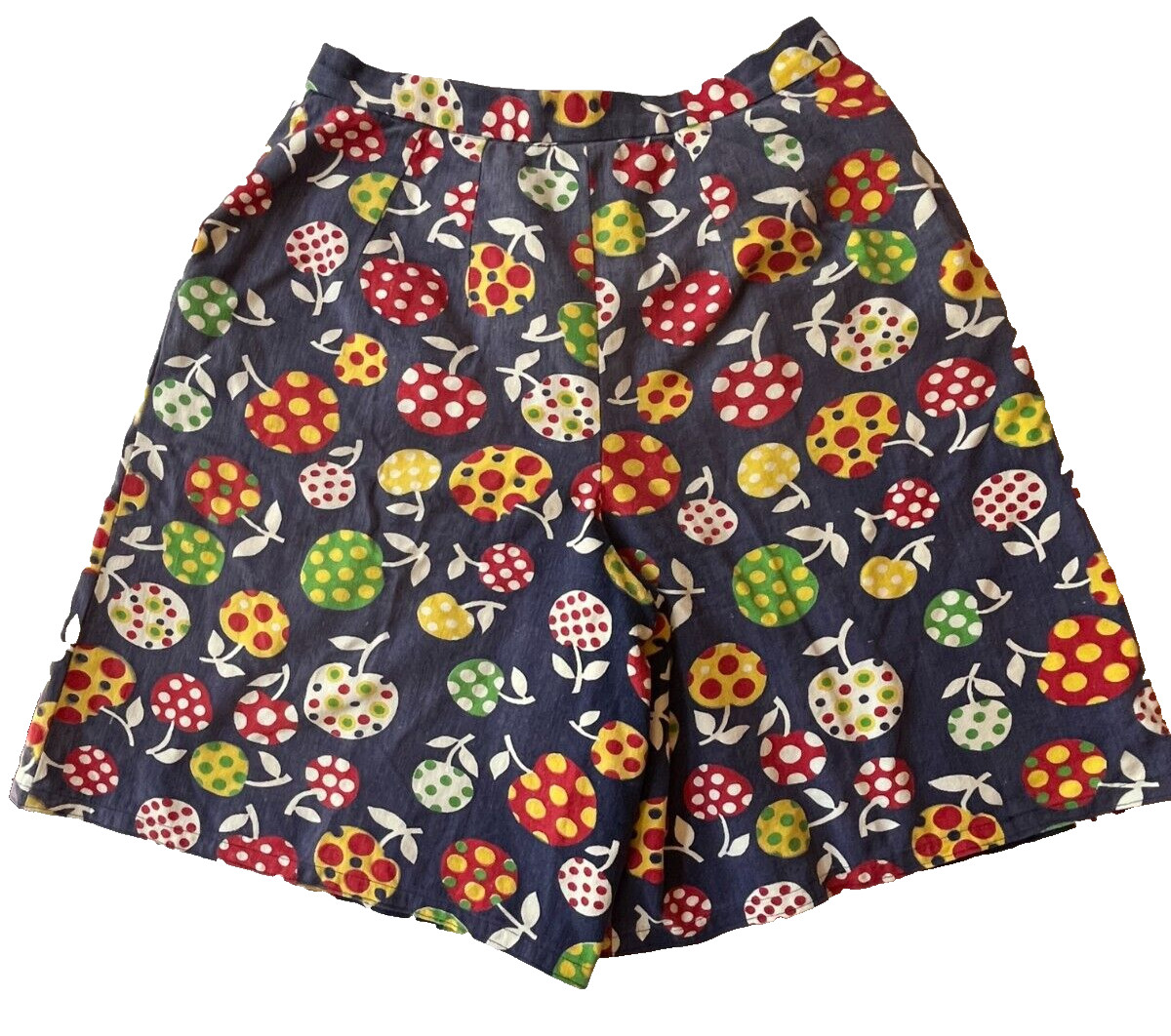 Vintage 1970s Womens Shorts Size Small Polka Dot Fruit High Waisted Groovy Blue