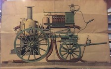 LOCOMOBILE MACHINE A VAPEUR POMPE A INCENDIE POMPIER AQUARELLE RARE 1867 